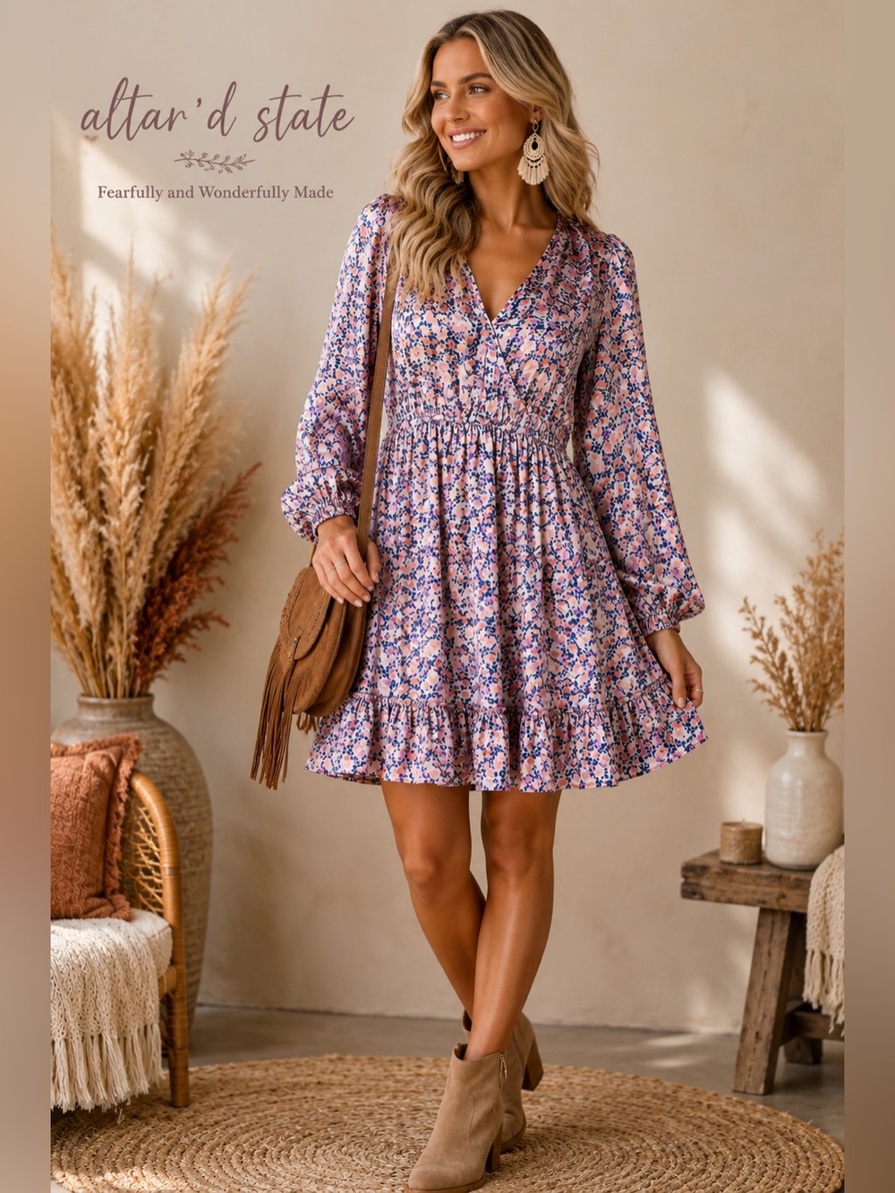 Altar'd State Pink Floral V-Neck Long-Sleeve Girls' Dress